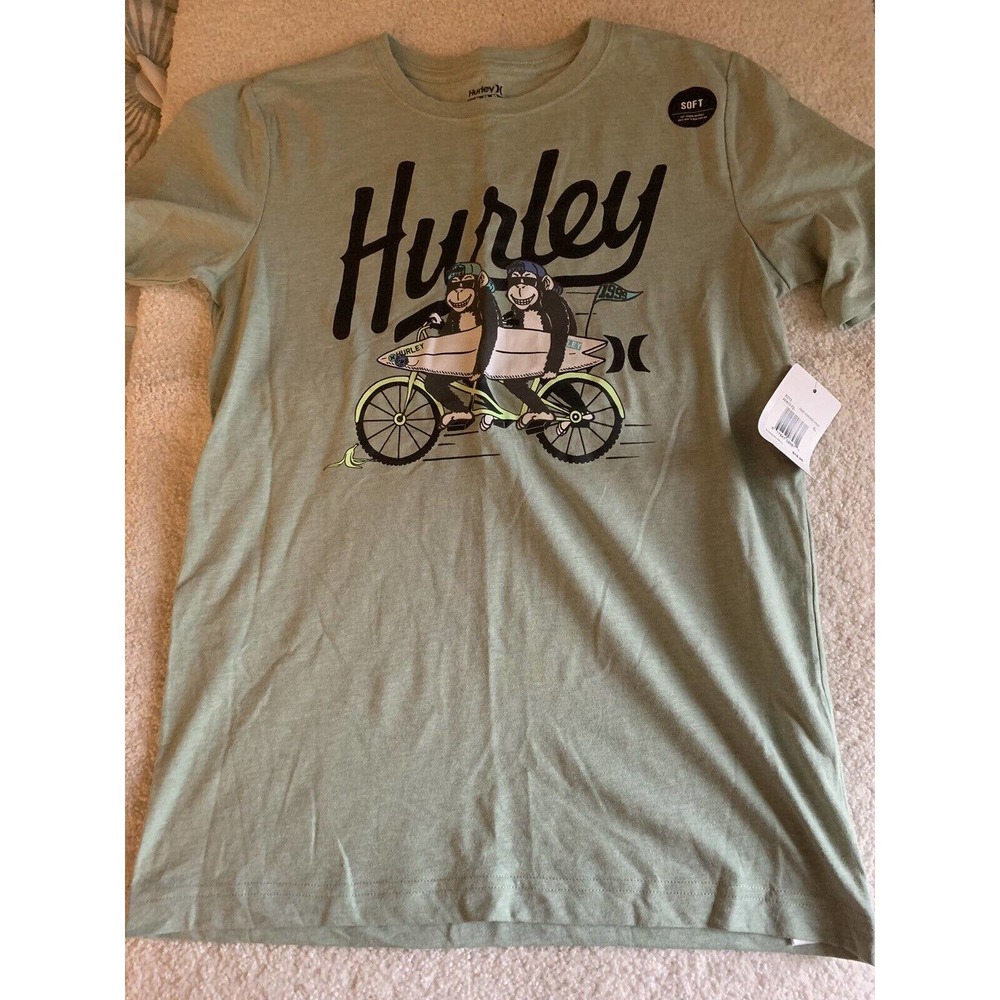 Hurley Boys Green Monkey On Bicycle Short Sleeve T-Shirt Size XL 13-15 Yrs - Picture 2 of 9